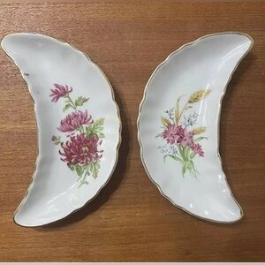 Vintage Bone Dish Crescent Moon Set 2 Chadwick Japan MCM Floral Gold Witchy Read